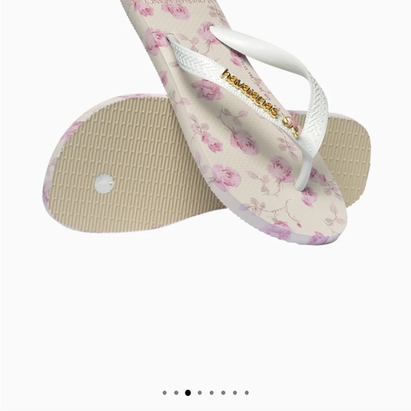 Havaianas White Flip Flops with Pink Floral Print and Gold Accents - Picture 2 of 4